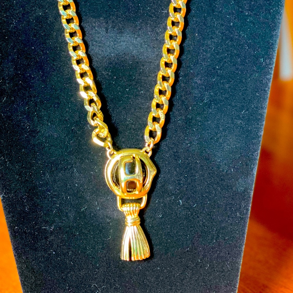Fred Hayman vintage signature Logo necklace gold tone and onyx black